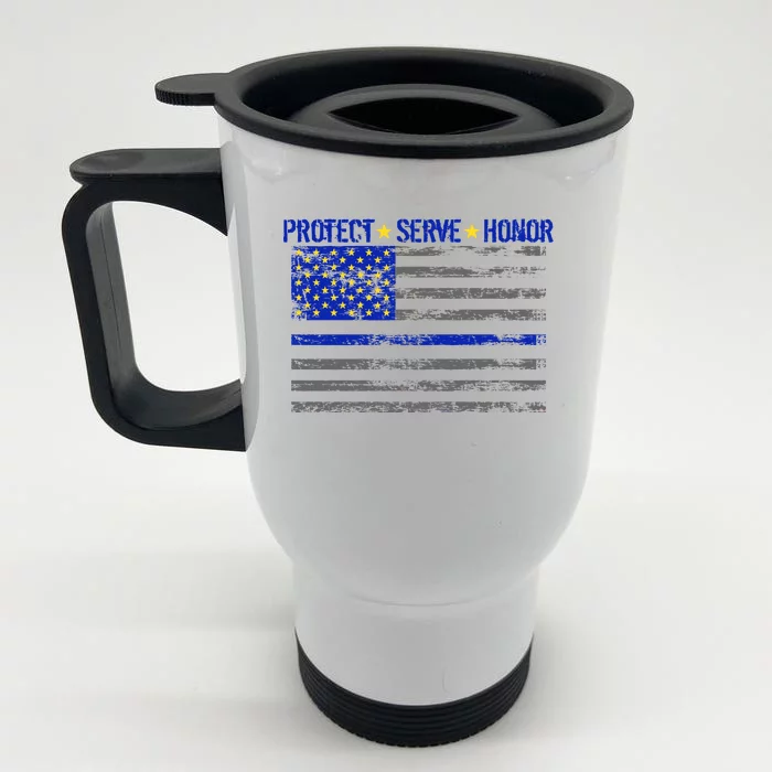 Distressed Police Blue Striped Flag Front & Back Stainless Steel Travel Mug