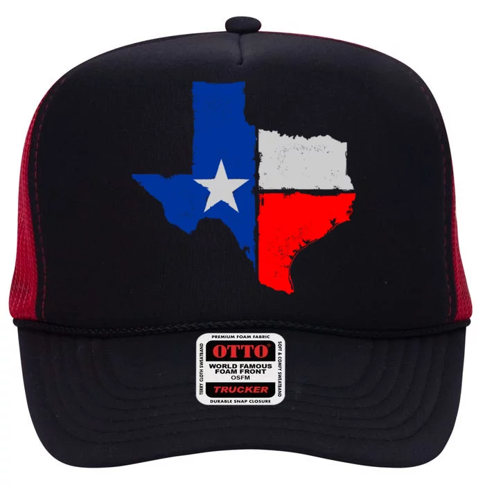 Distressed Texas State Map Flag High Crown Mesh Trucker Hat