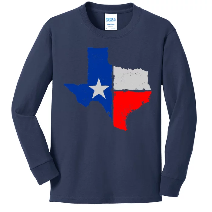 Distressed Texas State Map Flag Kids Long Sleeve Shirt