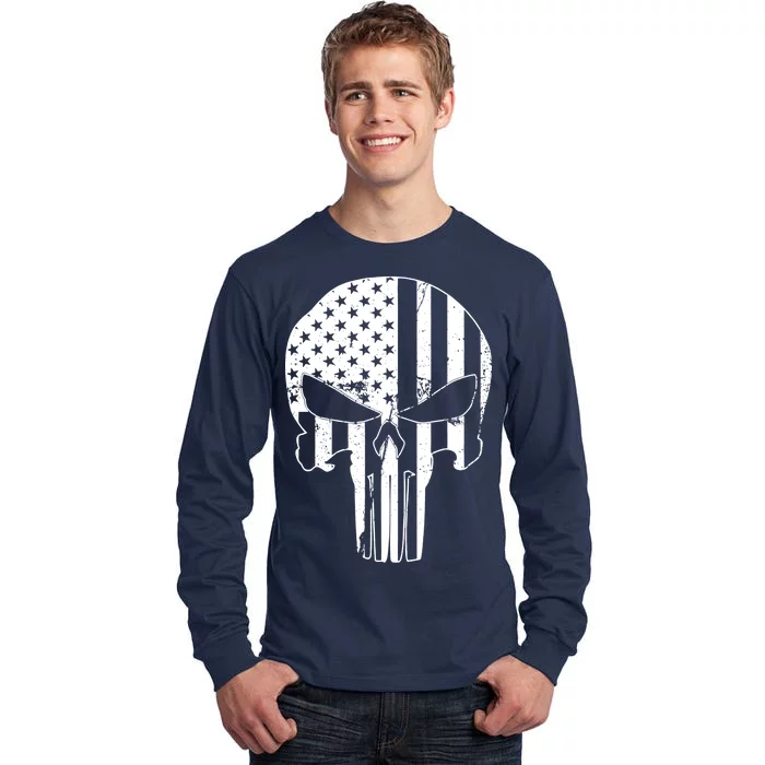 Distressed USA American Skull Tall Long Sleeve T-Shirt