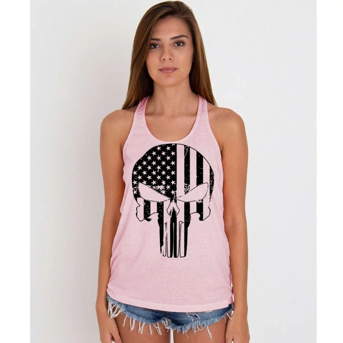 Distressed USA American Skull Women's Knotted Racerback Tank