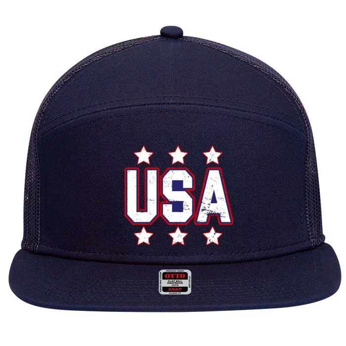 Distressed USA Patriotic Logo 7 Panel Mesh Trucker Snapback Hat