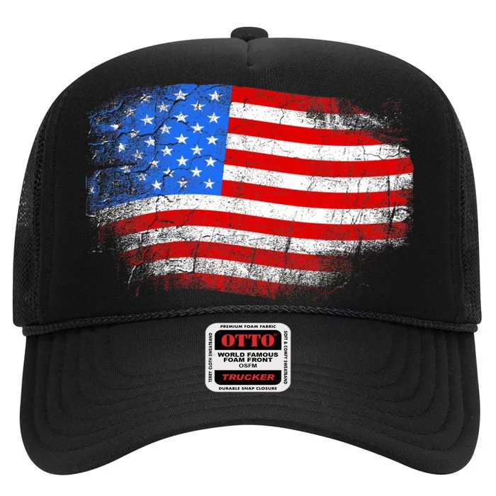 Distressed USA Waving Flag High Crown Mesh Trucker Hat