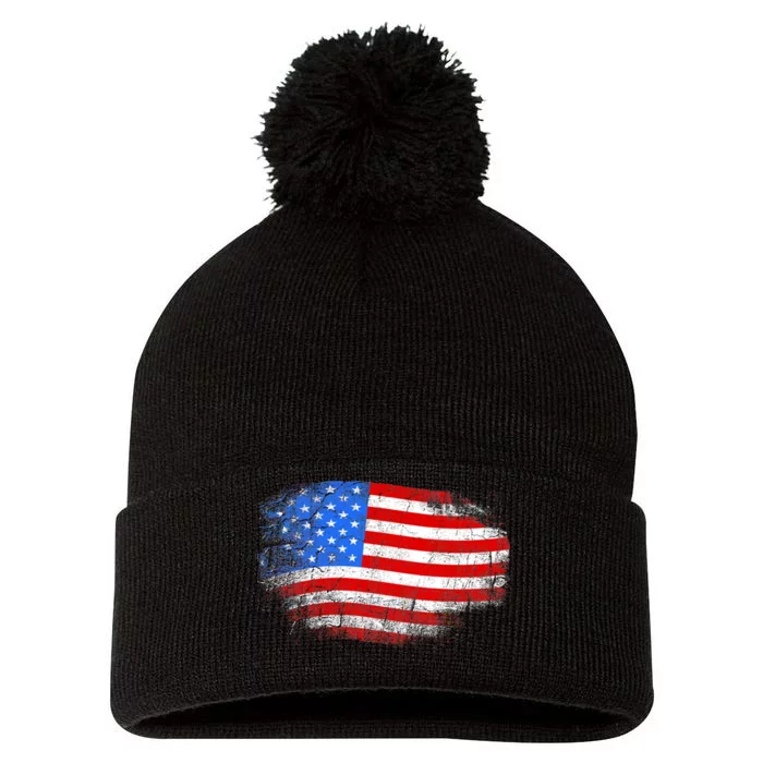 Distressed USA Waving Flag Pom Pom 12in Knit Beanie