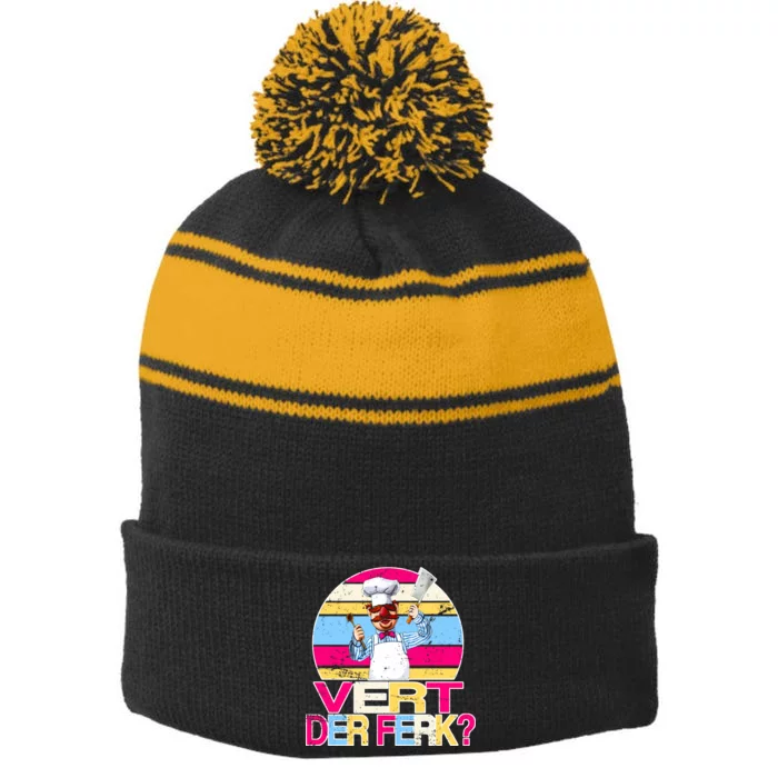 Distressed Vert Der Ferk Retro Chef Stripe Pom Pom Beanie