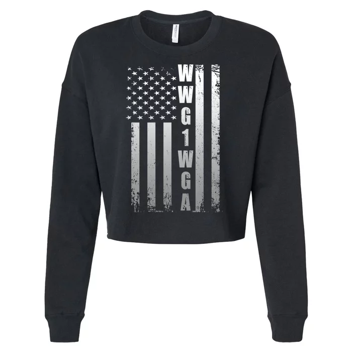 Distressed WWG1WGA US American Flag Cropped Pullover Crew