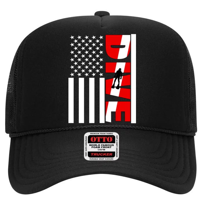 Diver American Flag High Crown Mesh Trucker Hat