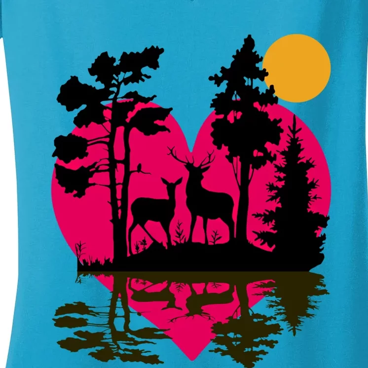 Deer In Woods With Moonlight Happy Valentine's Day Nature Cool Gift Women's V-Neck T-Shirt