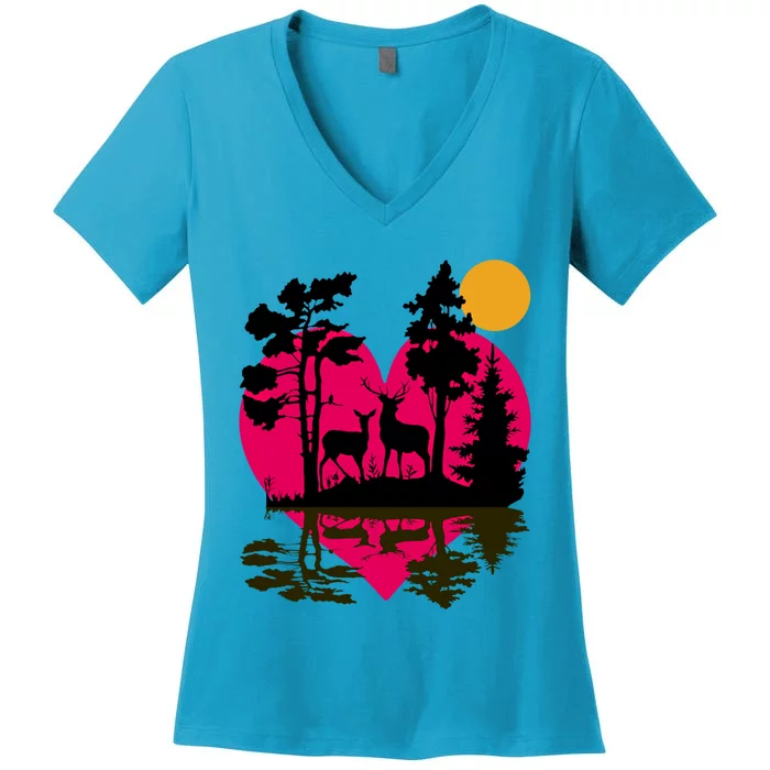 Deer In Woods With Moonlight Happy Valentine's Day Nature Cool Gift Women's V-Neck T-Shirt