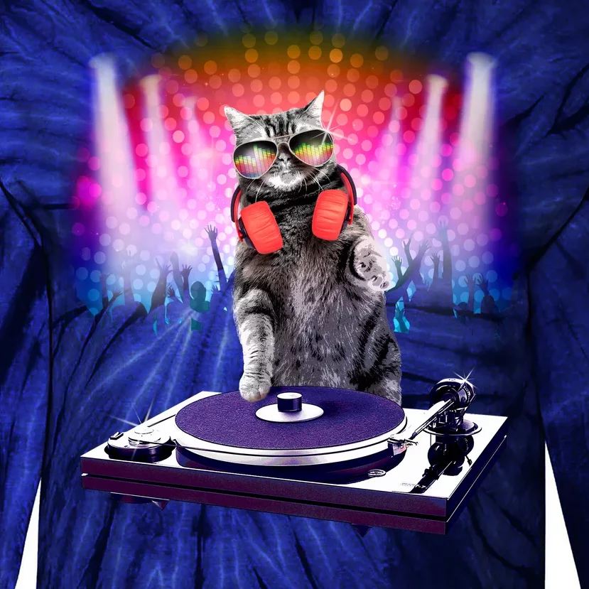 DJ Cat Turntable Mixer Tie-Dye Long Sleeve Shirt