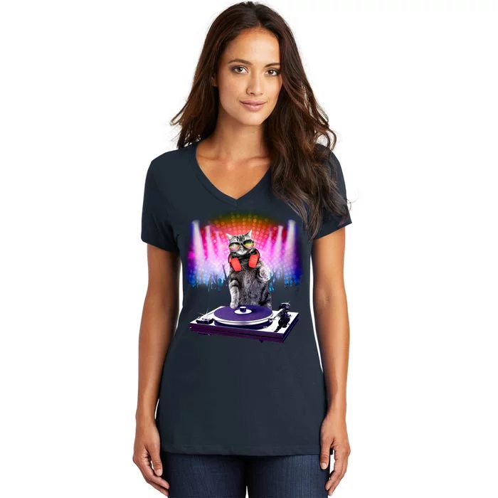 DJ Cat Turntable Mixer Women's V-Neck T-Shirt