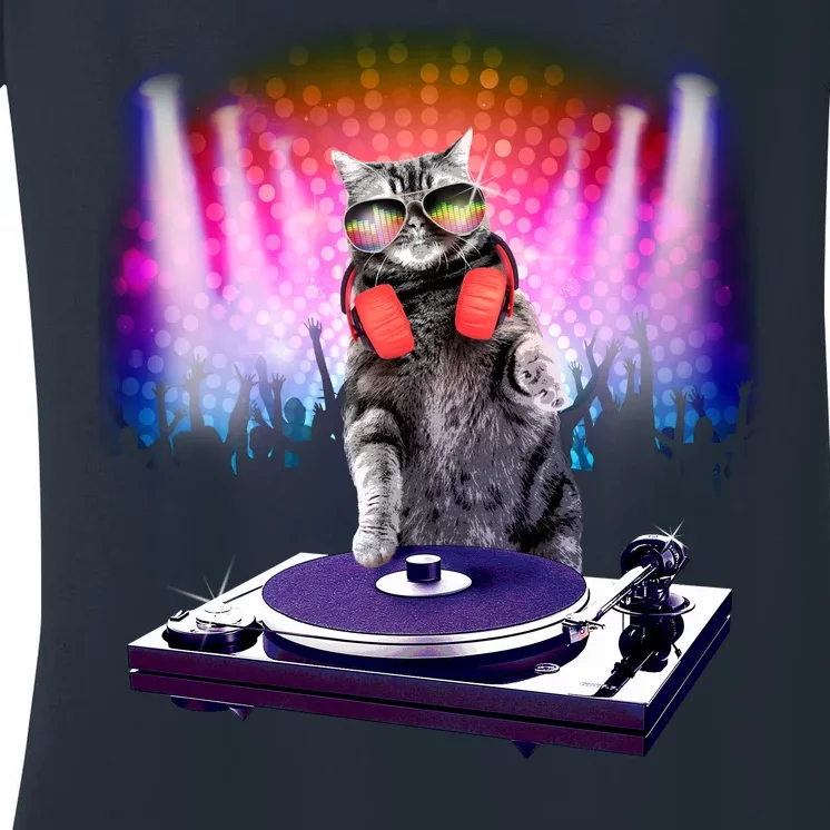 DJ Cat Turntable Mixer Women's V-Neck T-Shirt