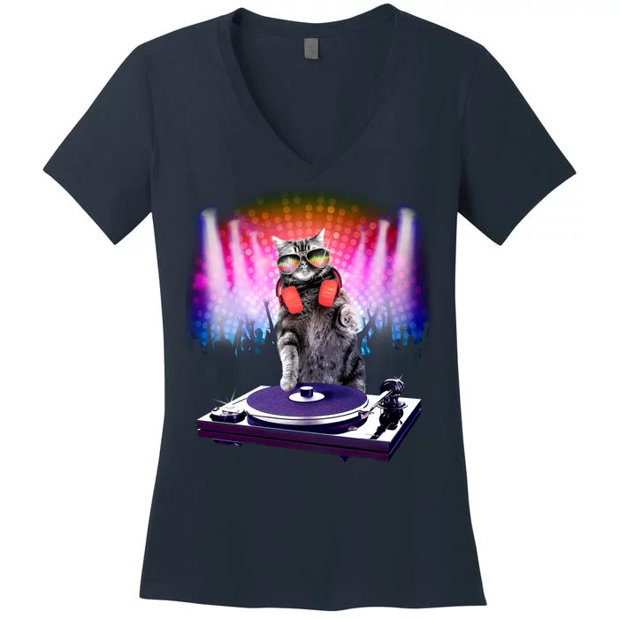 DJ Cat Turntable Mixer Women's V-Neck T-Shirt