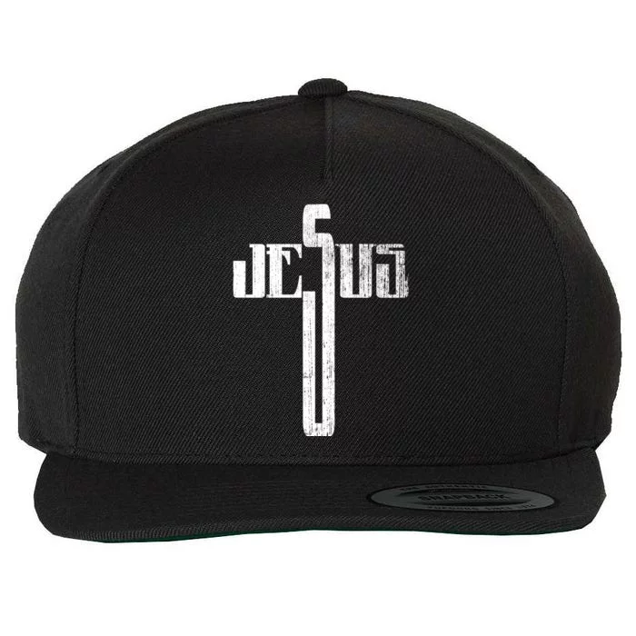 Distressed Jesus Cross Christian Religious Tee Wool Snapback Cap