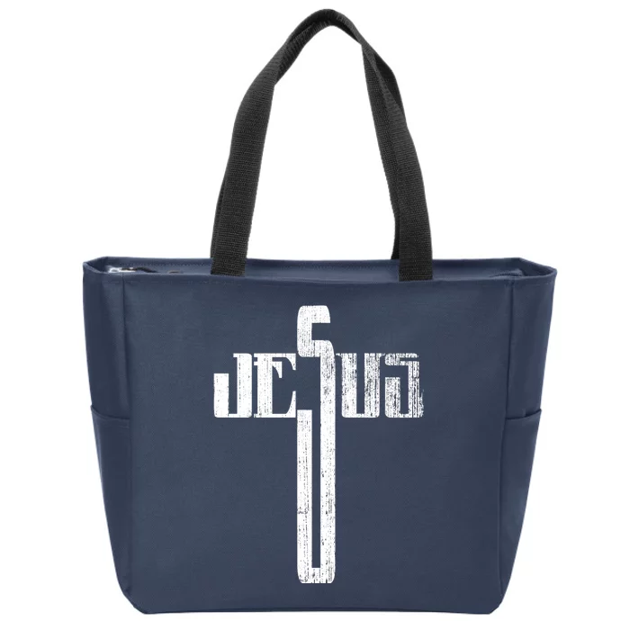 Distressed Jesus Cross Christian Religious Tee Zip Tote Bag