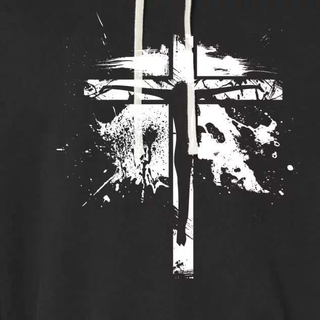 Distressed Jesus Cross Christianity Garment-Dyed Fleece Hoodie