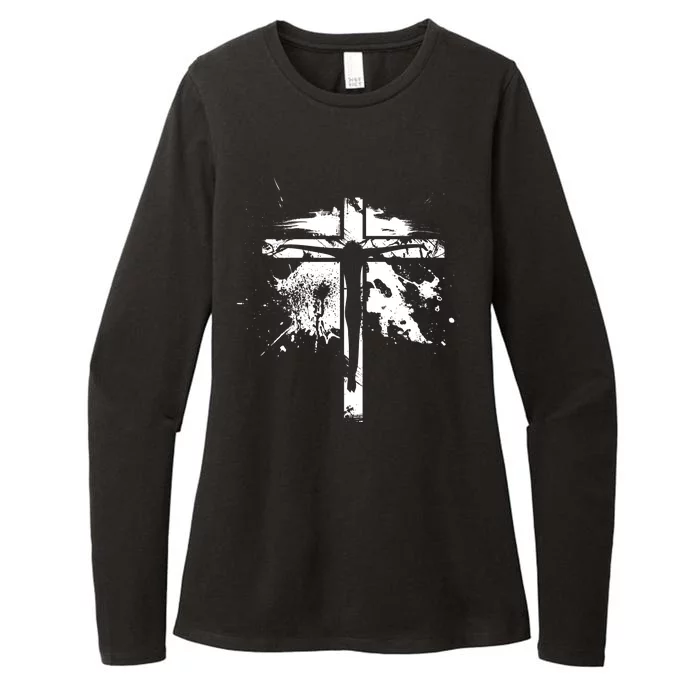 Distressed Jesus Cross Christianity Womens CVC Long Sleeve Shirt