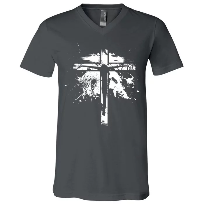 Distressed Jesus Cross Christianity V-Neck T-Shirt