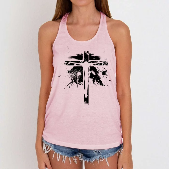 Distressed Jesus Cross Christianity Women's Knotted Racerback Tank