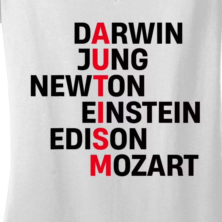 Darwin Jung Newton Einstein Edison Mozart Autism Awareness Women's V-Neck T-Shirt