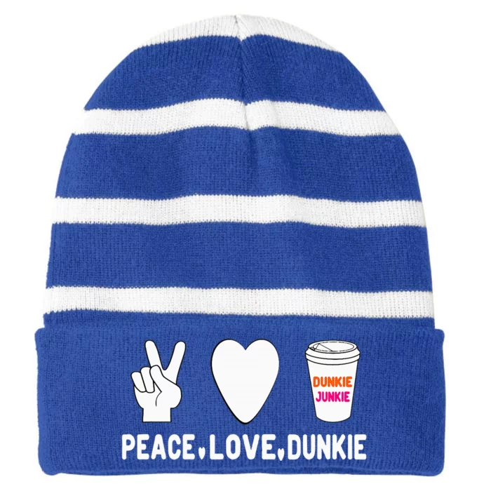 Dunkie Junkie Peace Love Dunkie Funny Coffee Saying Striped Beanie with Solid Band