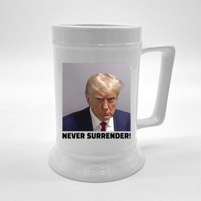 Donald J Trump Mug Shot Never Surrender Beer Stein