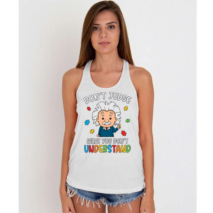 Don't Judge What You Don't Understand Autism Awareness Albert Einstein Women's Knotted Racerback Tank