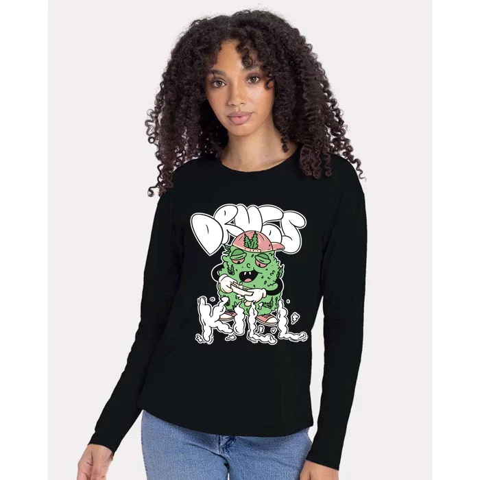 Drugs Kill Marijuana Bud Cartoon Womens Cotton Relaxed Long Sleeve T-Shirt