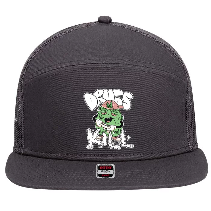 Drugs Kill Marijuana Bud Cartoon 7 Panel Mesh Trucker Snapback Hat