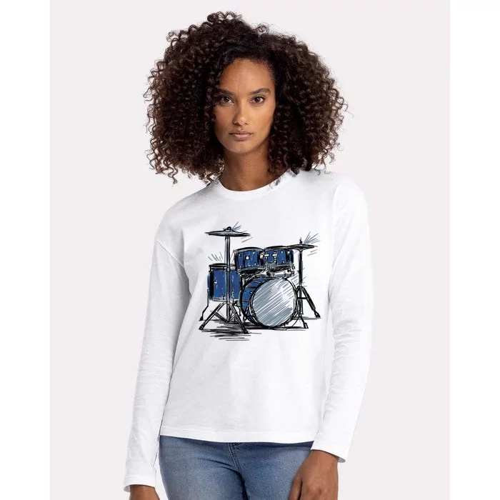 Drum Kit Sketch Music Womens Cotton Relaxed Long Sleeve T-Shirt