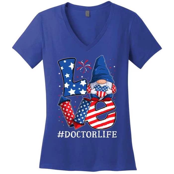 Doctor Love 4th Of July Gnome Usa Patriotic Gift Women's V-Neck T-Shirt