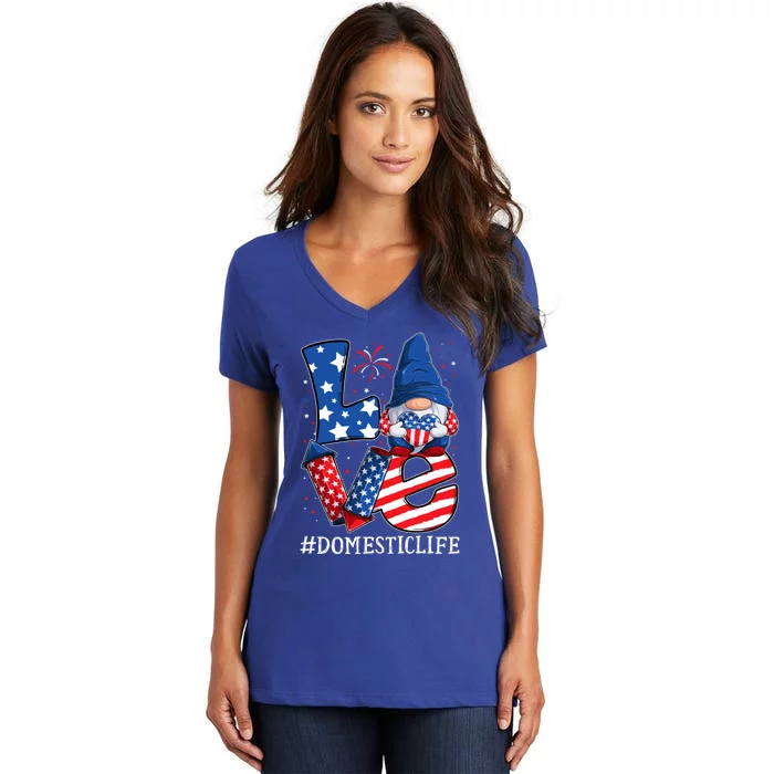 Domestic Love 4th Of July Gnome Usa Patriotic Gift Women's V-Neck T-Shirt