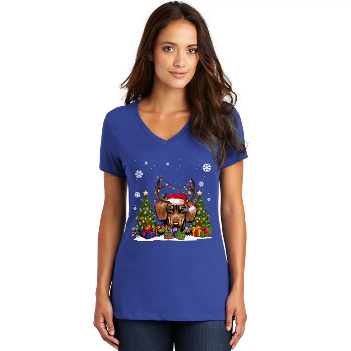 Dog Lovers Cute Dachshund Santa Hat Ugly Christmas Sweater Gift Women's V-Neck T-Shirt