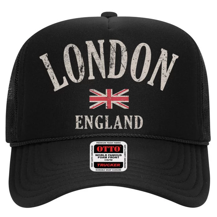 Distressed London England Uk Flag High Crown Mesh Trucker Hat