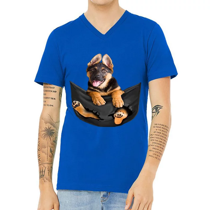 Dog Lovers Funny Gift Ger Shepherd In Pocket Funny Dog Face Funny Gift V-Neck T-Shirt