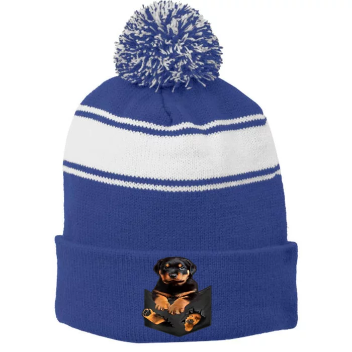 Dog Lovers Funny Gift Rottweiler In Pocket Funny Dog Rottweiler Funny Gift Stripe Pom Pom Beanie