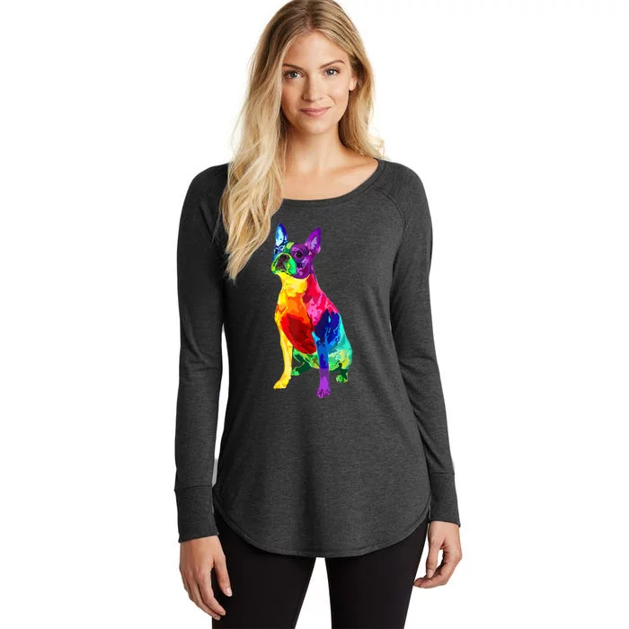 Dog Lover Gifts Boston Terrier Dog Colorful Boston Terrier Women's Perfect Tri Tunic Long Sleeve Shirt