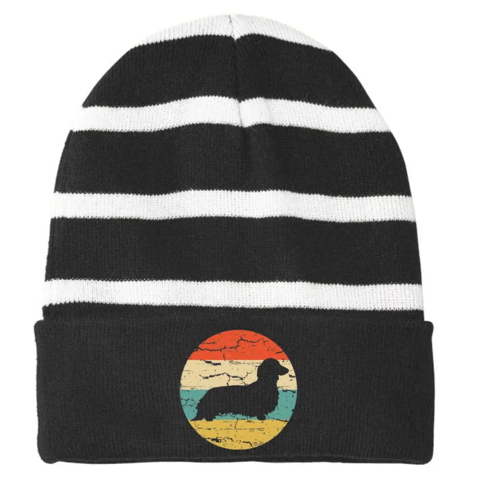 Dachshund Long Haired Dog Vintage Mom Dad Retro Striped Beanie with Solid Band