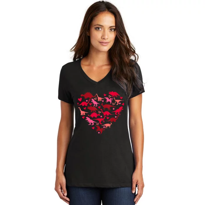 Dinosaur Love Heart T Rex Cute Valentines Day Women's V-Neck T-Shirt