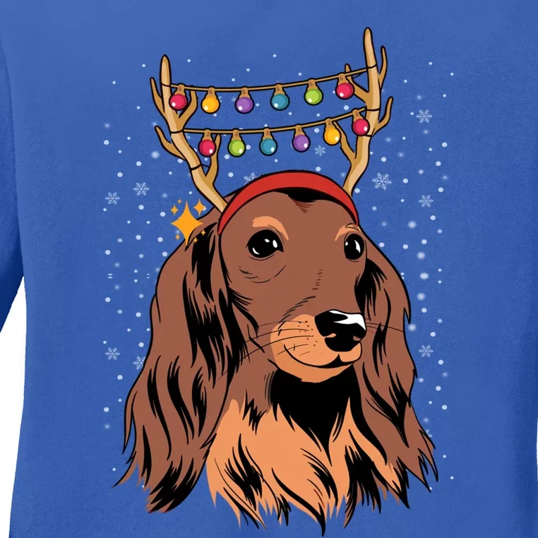 Dachshund Long Hair Reindeer Christmas Tree Lights Xmas Gift Ladies Long Sleeve Shirt