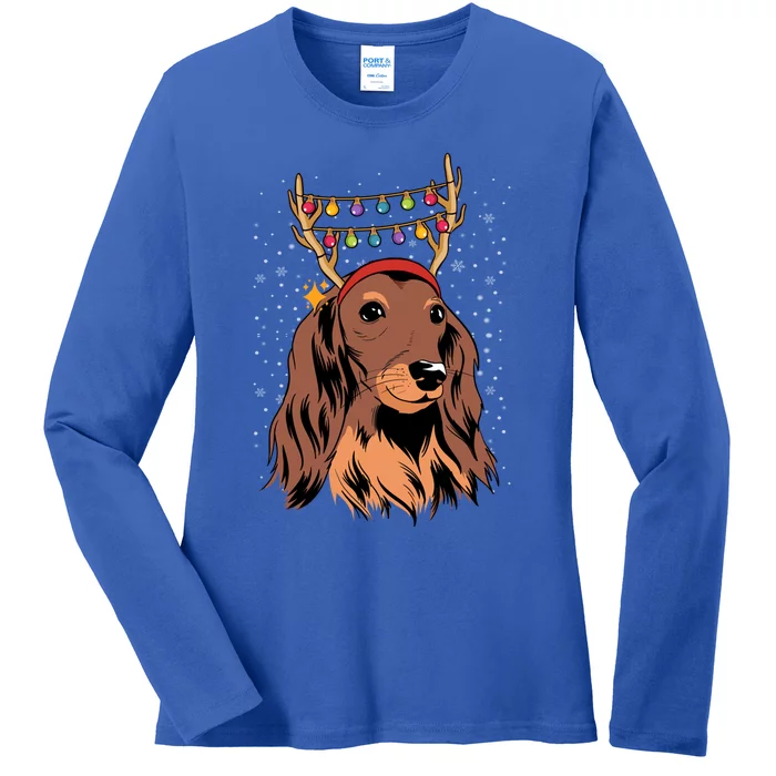 Dachshund Long Hair Reindeer Christmas Tree Lights Xmas Gift Ladies Long Sleeve Shirt