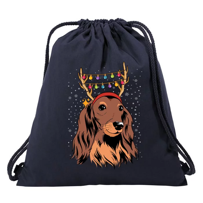 Dachshund Long Hair Reindeer Christmas Tree Lights Xmas Gift Drawstring Bag