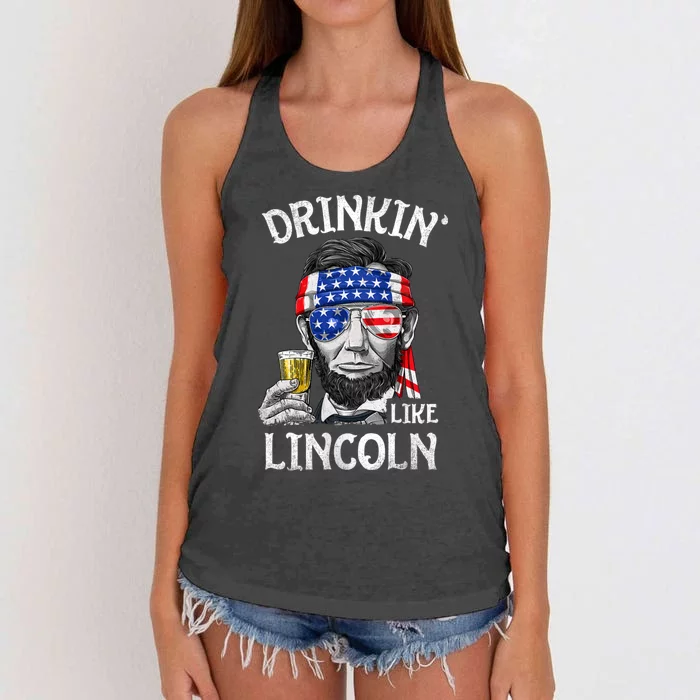 Drinking Like Lincoln 4th Of July Abraham Merica Flag Women's Knotted Racerback Tank