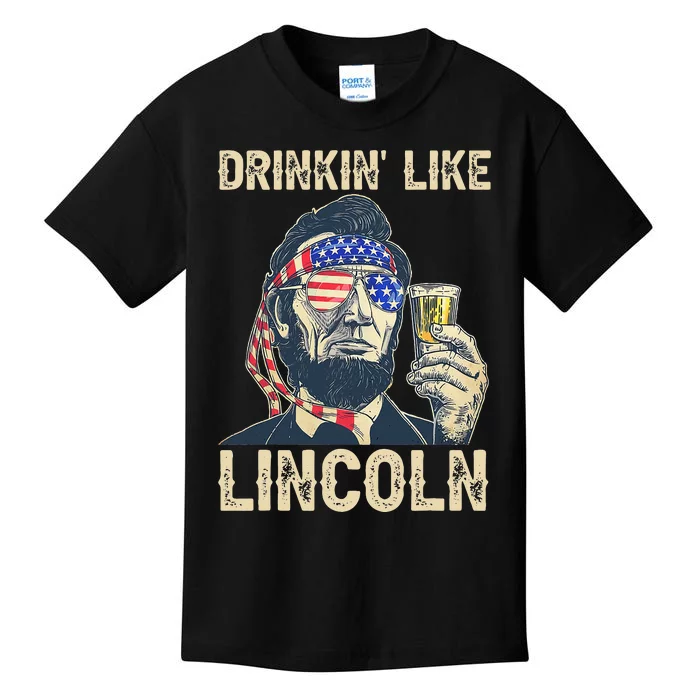 Drinking Like Lincoln 4th of July Abraham Merica Flag Kids T-Shirt