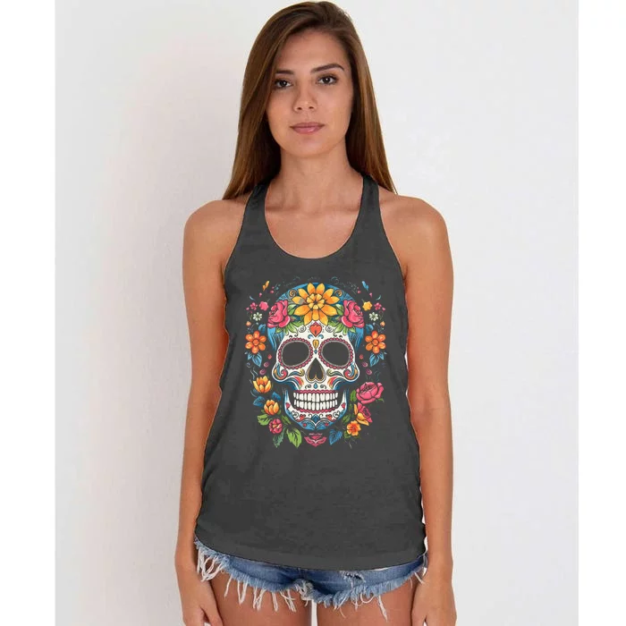 De Los Muertos Day of the Dead Sugar Skull Halloween Women's Knotted Racerback Tank