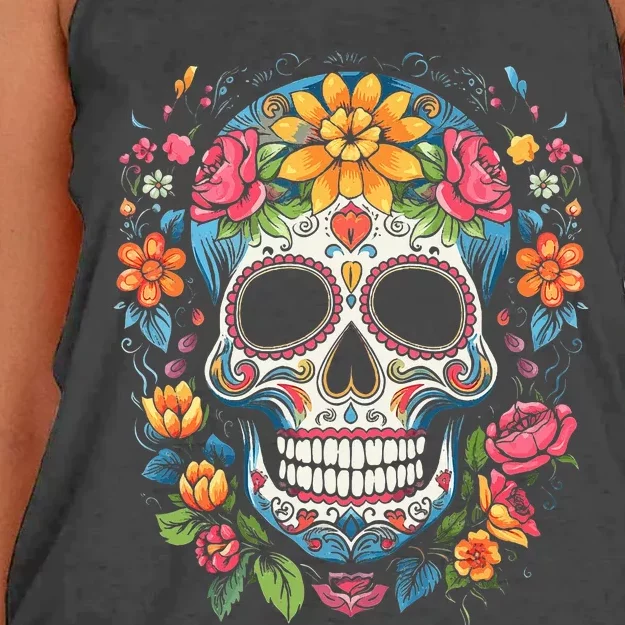 De Los Muertos Day of the Dead Sugar Skull Halloween Women's Knotted Racerback Tank