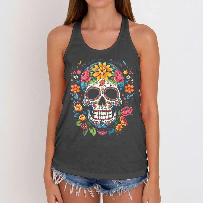 De Los Muertos Day of the Dead Sugar Skull Halloween Women's Knotted Racerback Tank