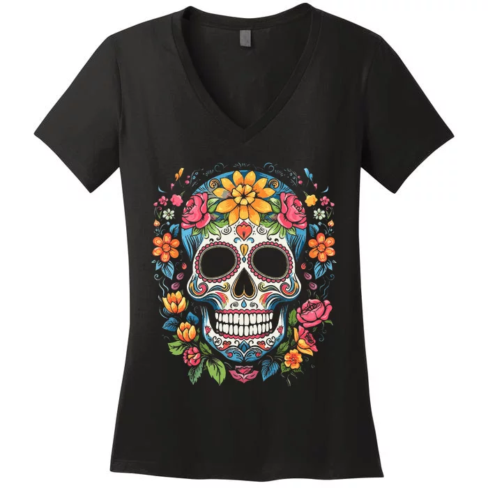 De Los Muertos Day of the Dead Sugar Skull Halloween Women's V-Neck T-Shirt