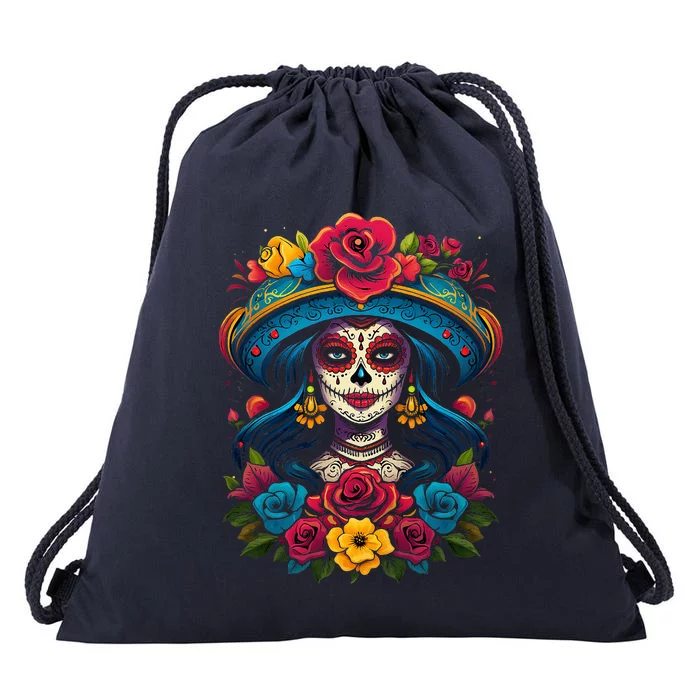 De Los Muertos La Catrina Sugar Skull Day Of The Dead Drawstring Bag