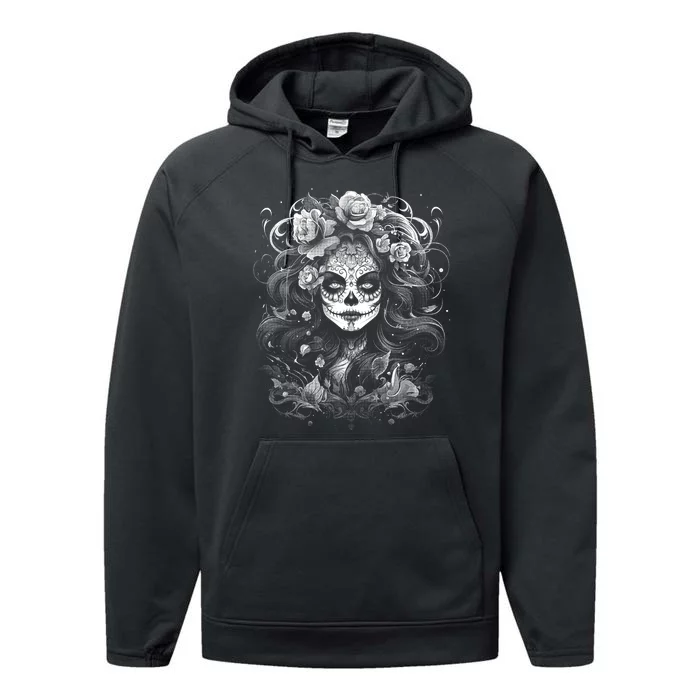 De Los Muertos La Catrina Day Of The Dead Sugar Skull Performance Fleece Hoodie